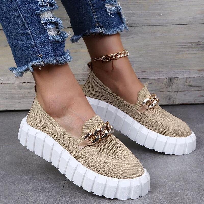 Women s Gold Chain Loafers for Comfy Walks Khaki 11